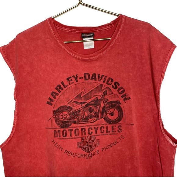 Harley Davidson x Wisconsin Distressed Cut Off Moto T-Shirt Red Midwest Rider - Picture 3 of 4